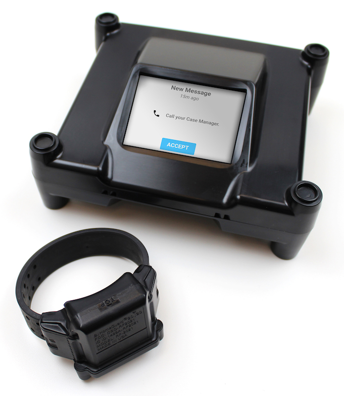 BI HomeGuard® 20|20 RF monitoring system with a rugged base unit and ankle bracelet for verifying client presence at home.