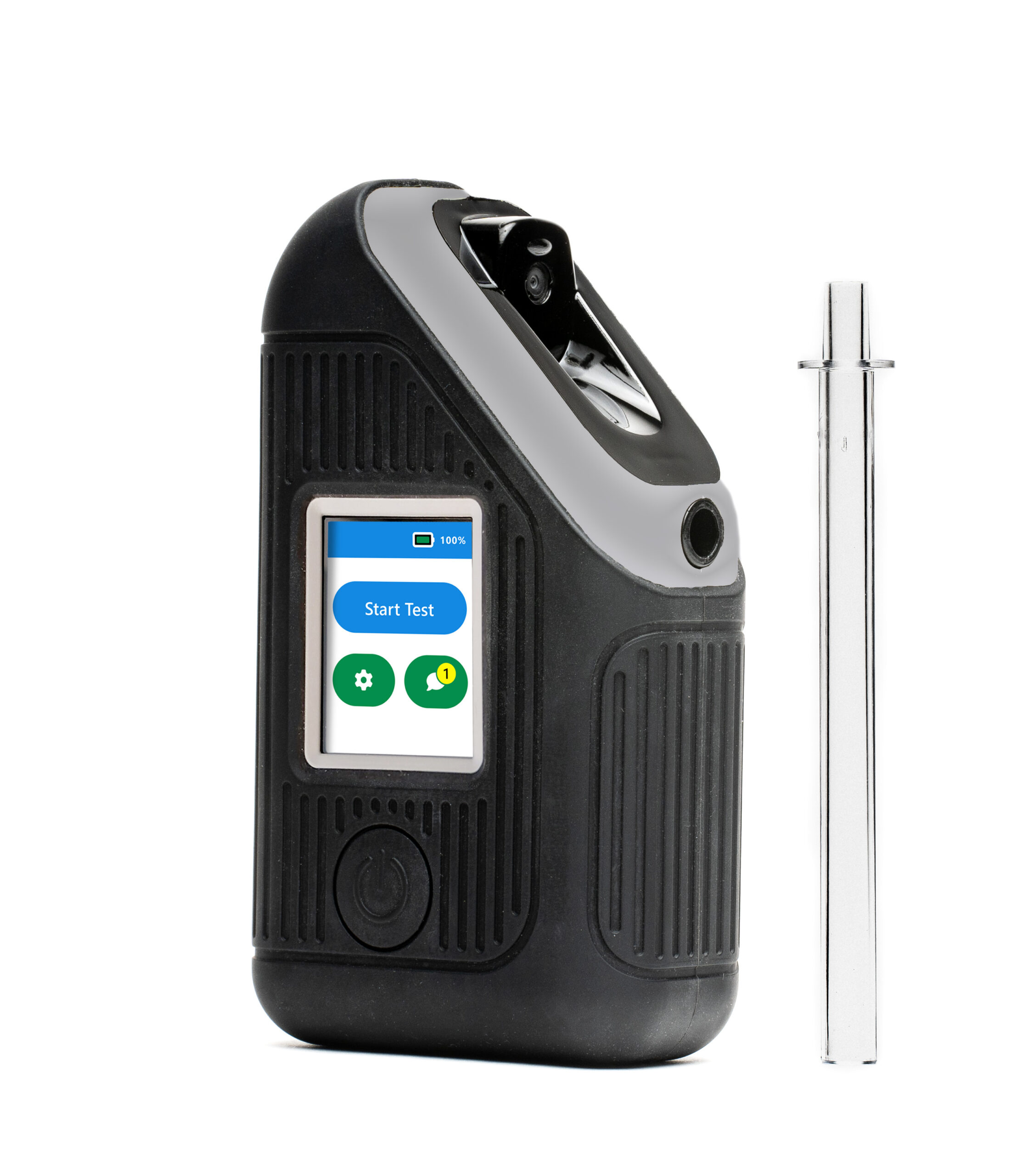 BI SoberTech portable alcohol breathalyzer features LCD touch screen with alcohol testing instructions.