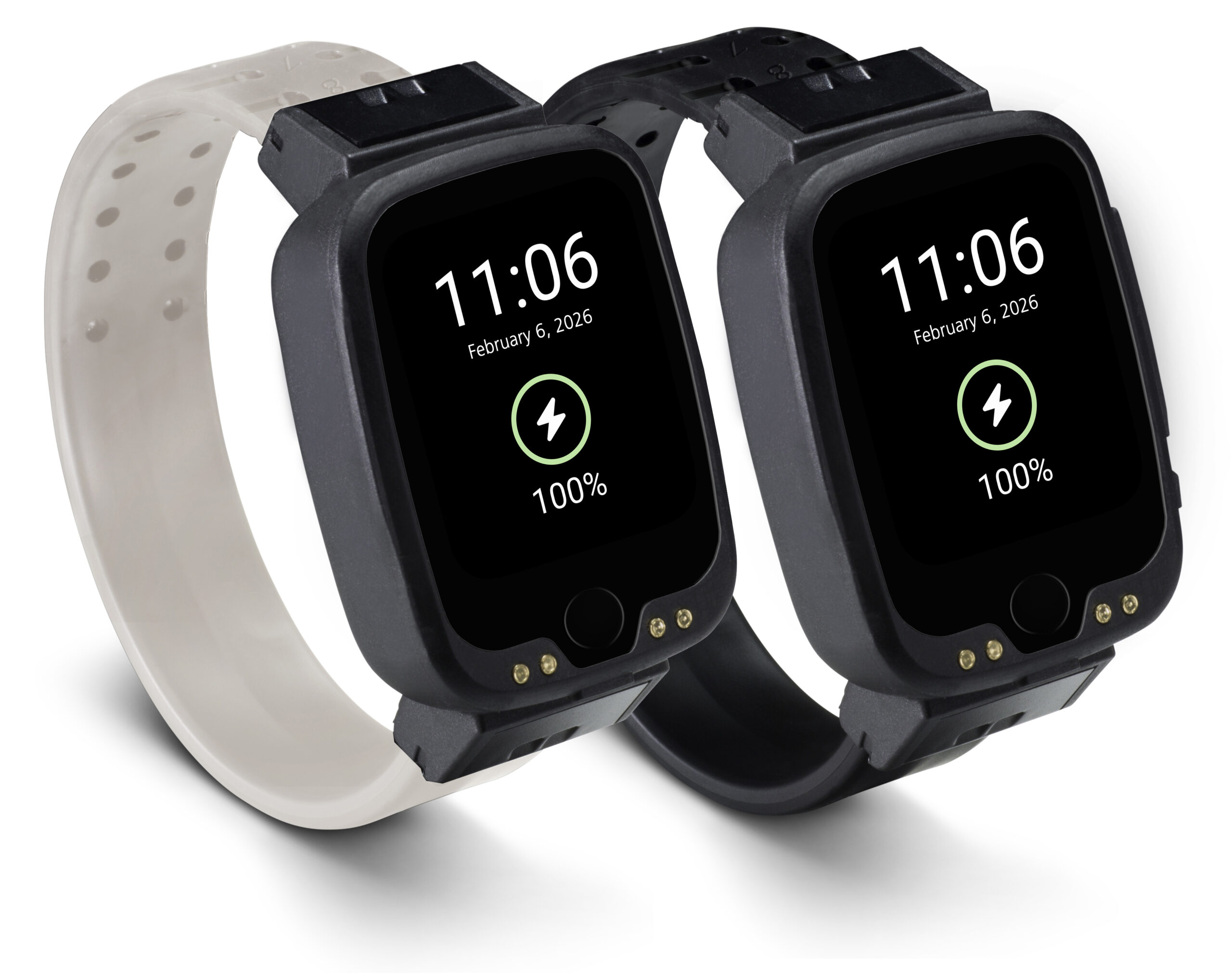 Wrist-worn location tracking device shown with Glacier and Black band