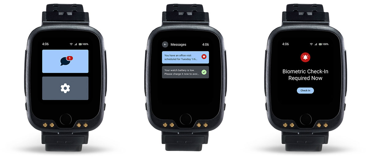 Three wrist-worn location tracking device screens display notification and messages for clients to stay in compliance.