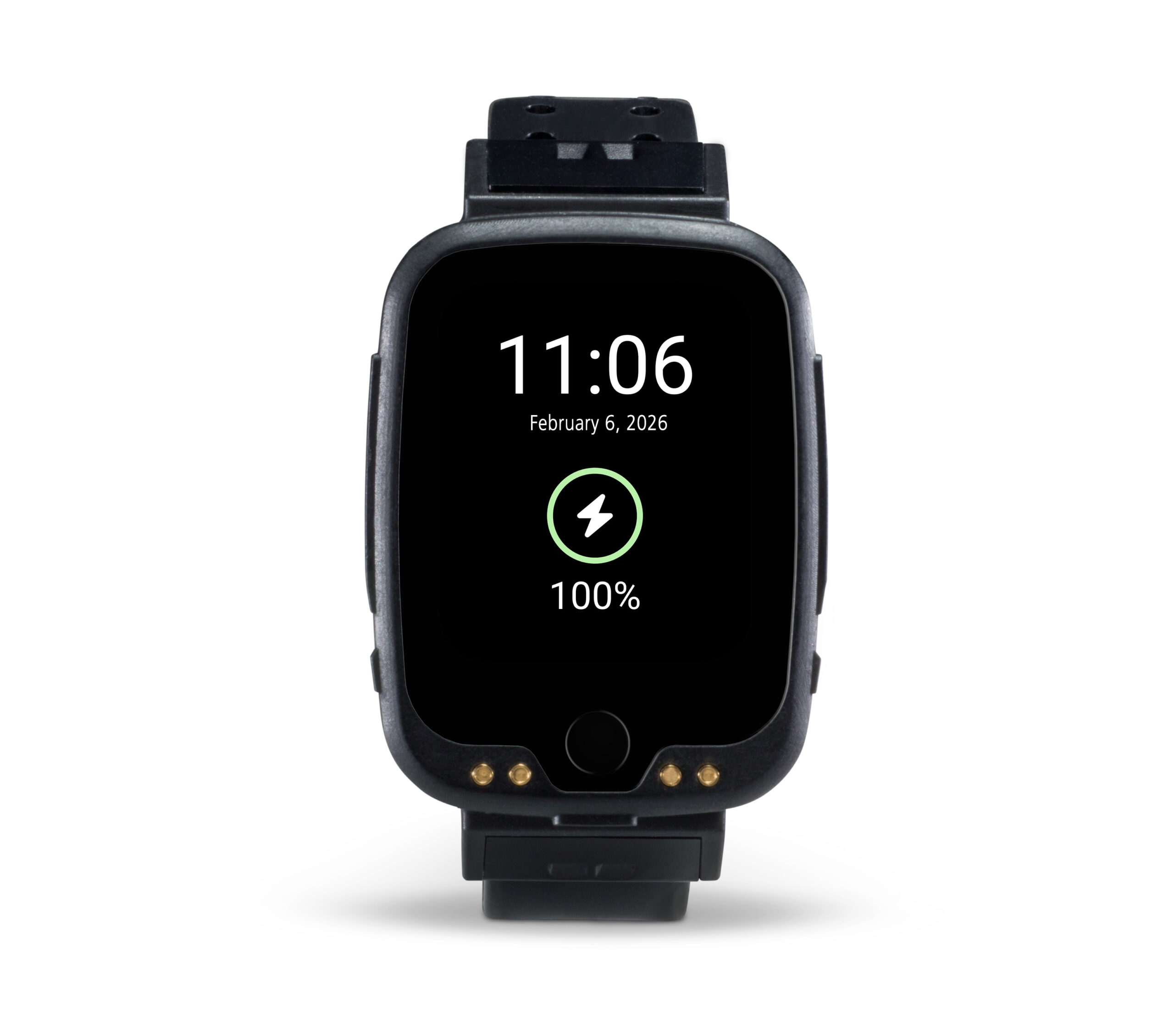 Wrist-worn location tracking device shown front-facing in black