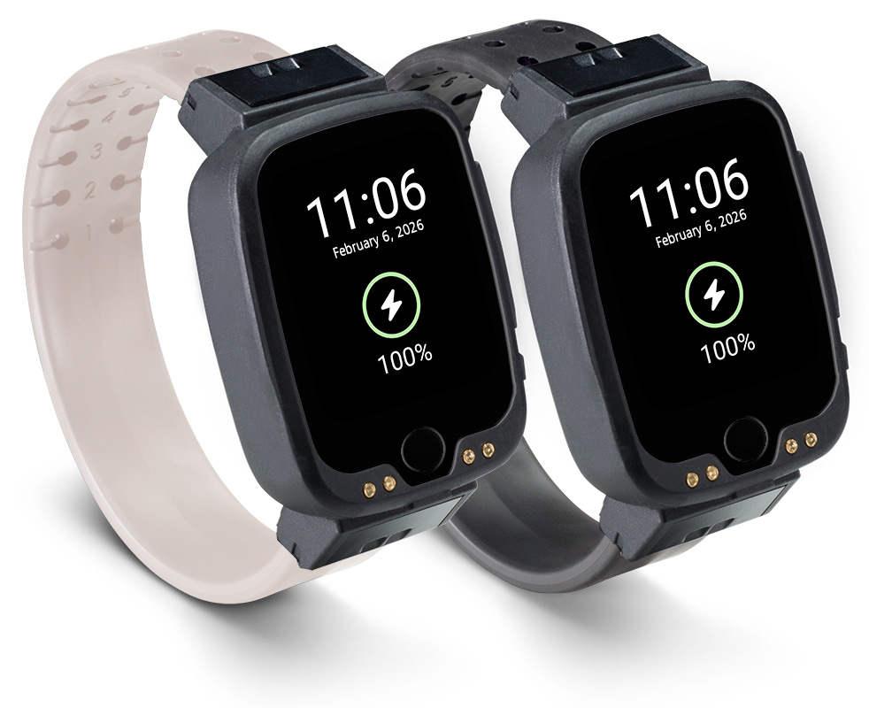 Wrist-worn location tracking device shown with Glacier and Black band