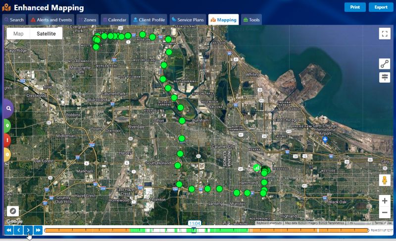 Mapping image displaying mobile location tracking points in BI TotalAccess.