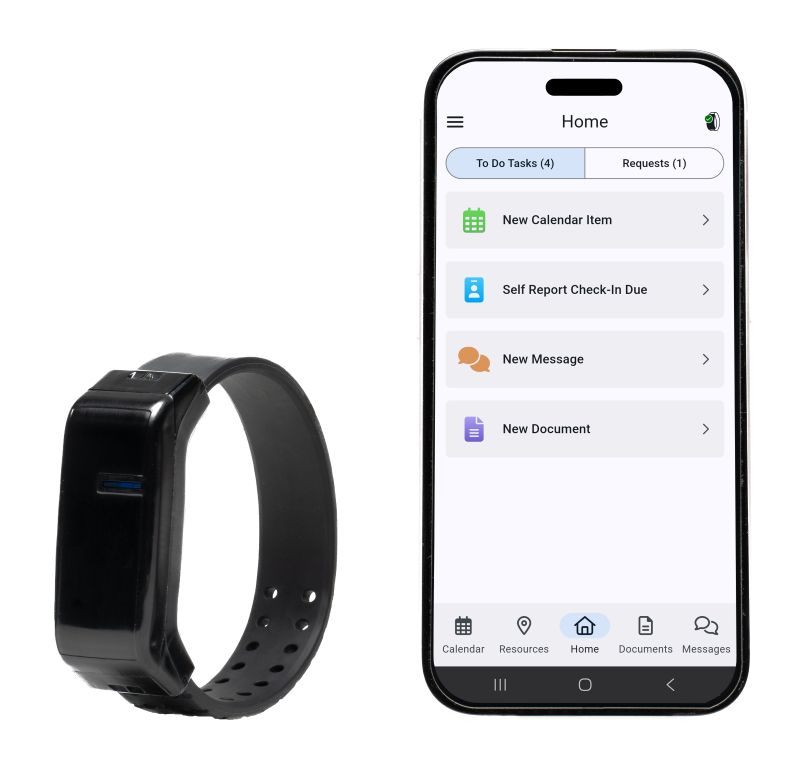 BI SmartBAND 1.0 wrist-worn mobile location tracking device paired with iPhone displaying BI SmartLINK interface.