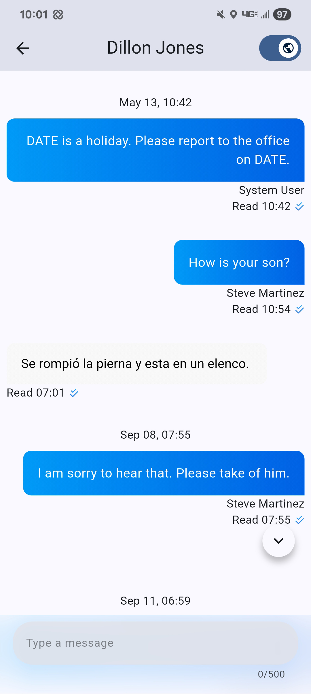 BI TotalAccess Mobile messages screen