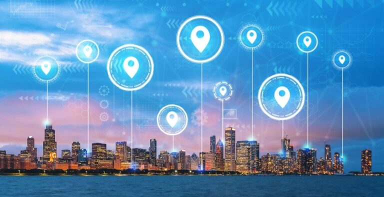 Electronic monitoring technology visualized through map pins across downtown Chicago, highlighting community supervision areas.