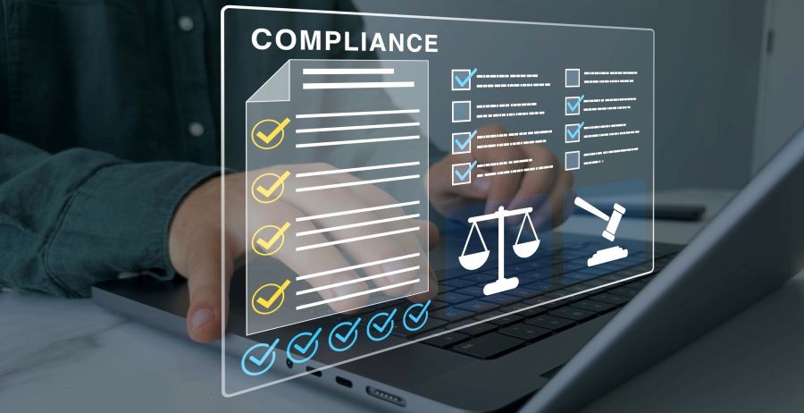 Hands typing on a laptop with an overlay of a SOC 3 compliance document, scales of justice, and a judge’s gavel, representing regulations and certification standards.