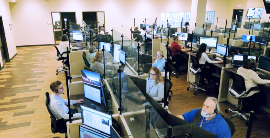 BI U.S.-based Call Center operations floor with multiple specialists working at desks, providing support for community corrections agencies