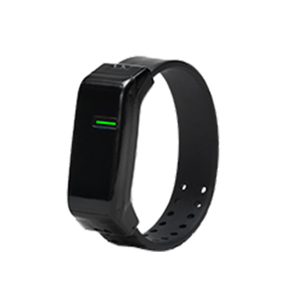 BI SmartBAND 1.0 mobile location tracking device featuring black wristband and LED light.